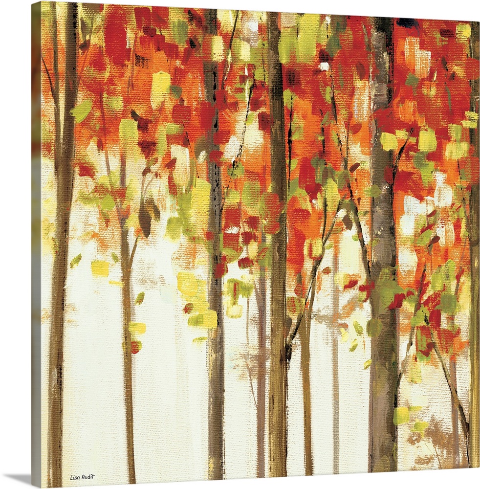 Contemporary painting of tree tops covered in fall colored foliage.