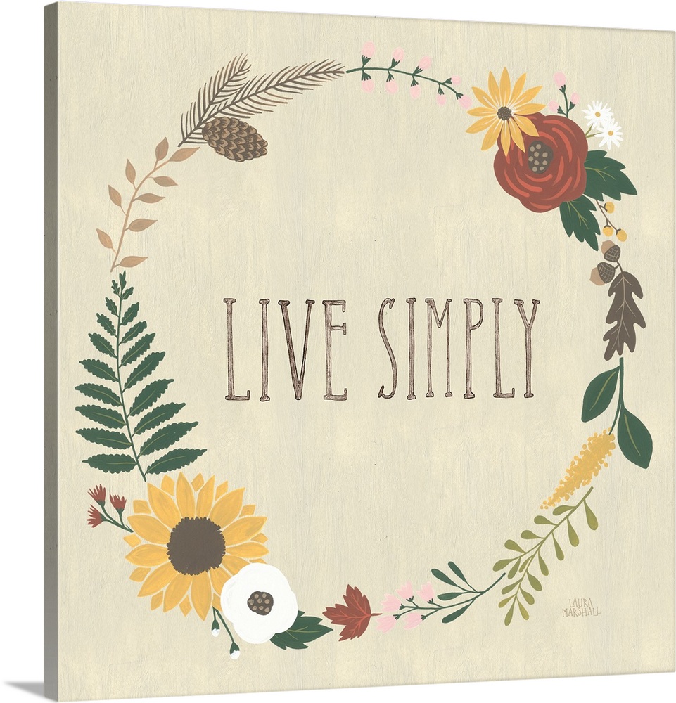 "Live Simply" in the center of a wreath of autumn flowers on a beige background.