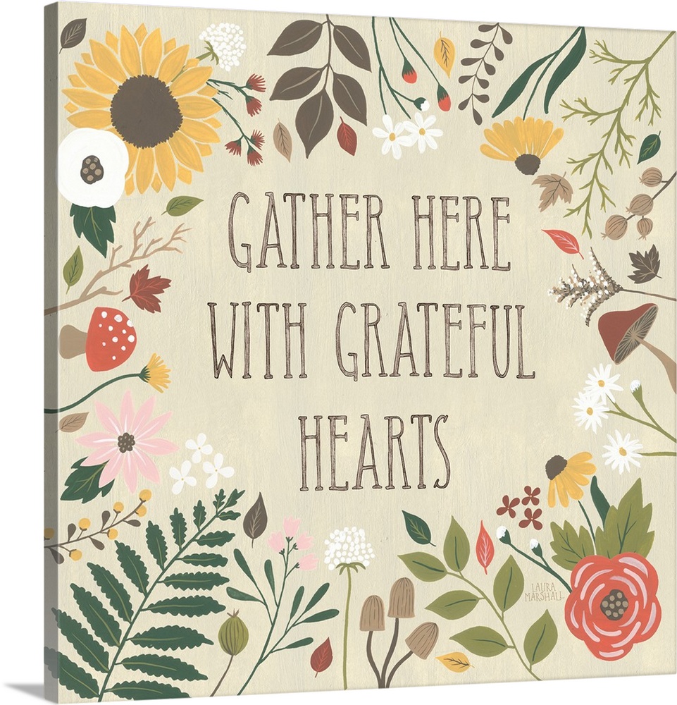 "Gather here with grateful hearts" written on a tan background and surrounded by Autumn flowers.