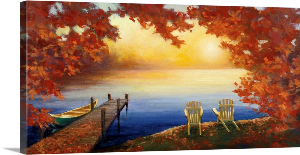 Contemporary painting of adirondack chairs overlooking a lake with a pier.