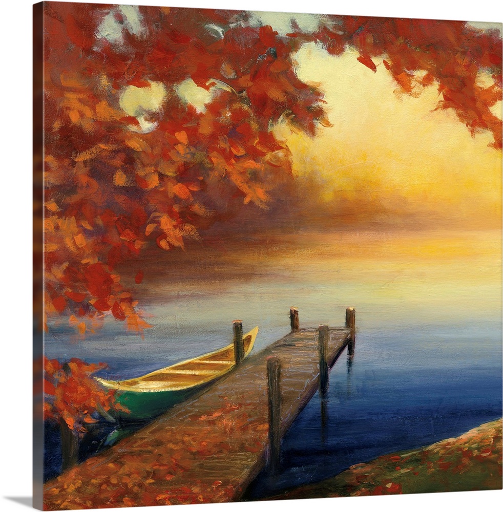 Contemporary artwork of a small pier with a boat in a lake with fall leaves.