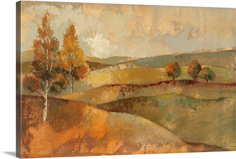 Painting of rolling hills dotted with occassional trees. Rough texture throughout.