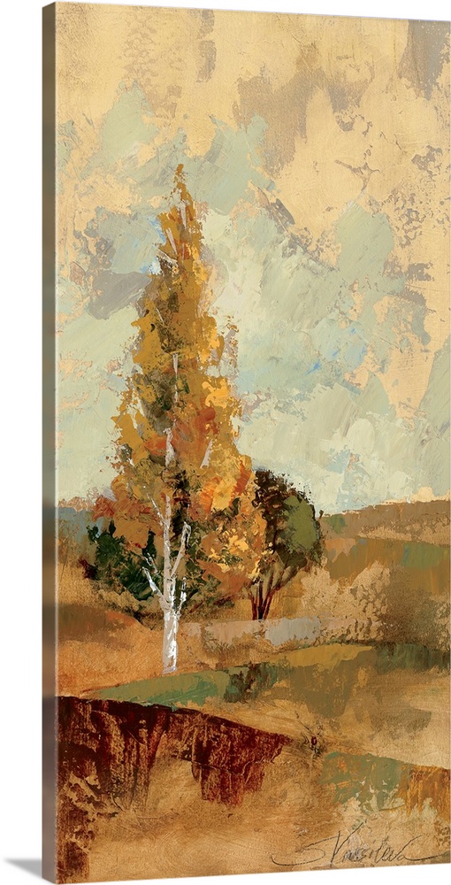 Decorative artwork perfect for the home of painted hills topped with tall trees during the fall season.