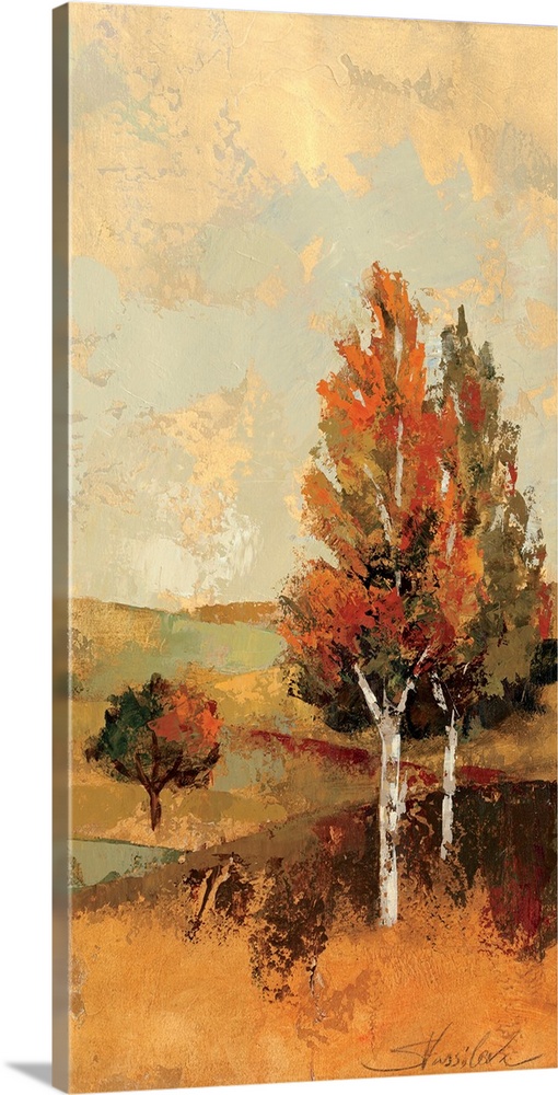 Portrait, large wall painting of a fall scene of rolling hills and several trees with autumn colored leaves, against a par...