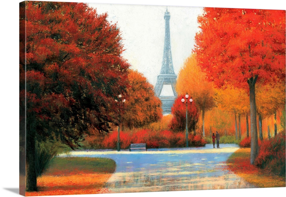 Contemporary painting of an autumn day in Paris, with a view of the Eiffel tower.