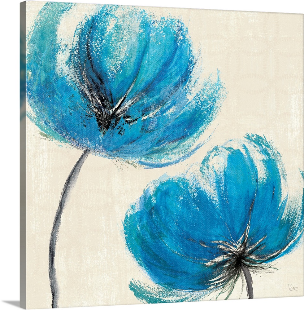 Large contemporary art focuses on two lone flowers constructed of bright cool tones positioned against a bare background.