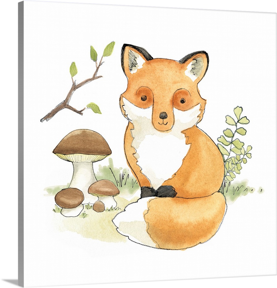 Watercolor painting of a baby fox surrounded by plants and mushrooms.