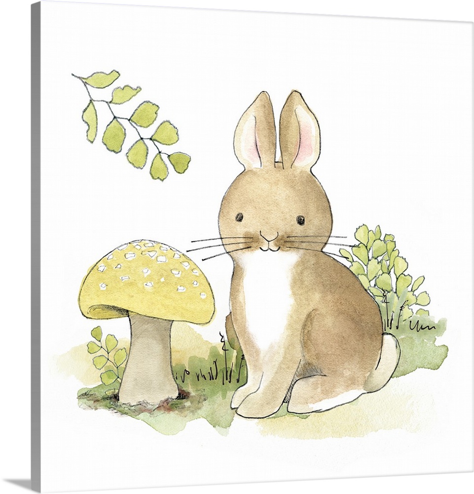 Watercolor painting of a baby bunny surrounded by plants and a giant mushroom.