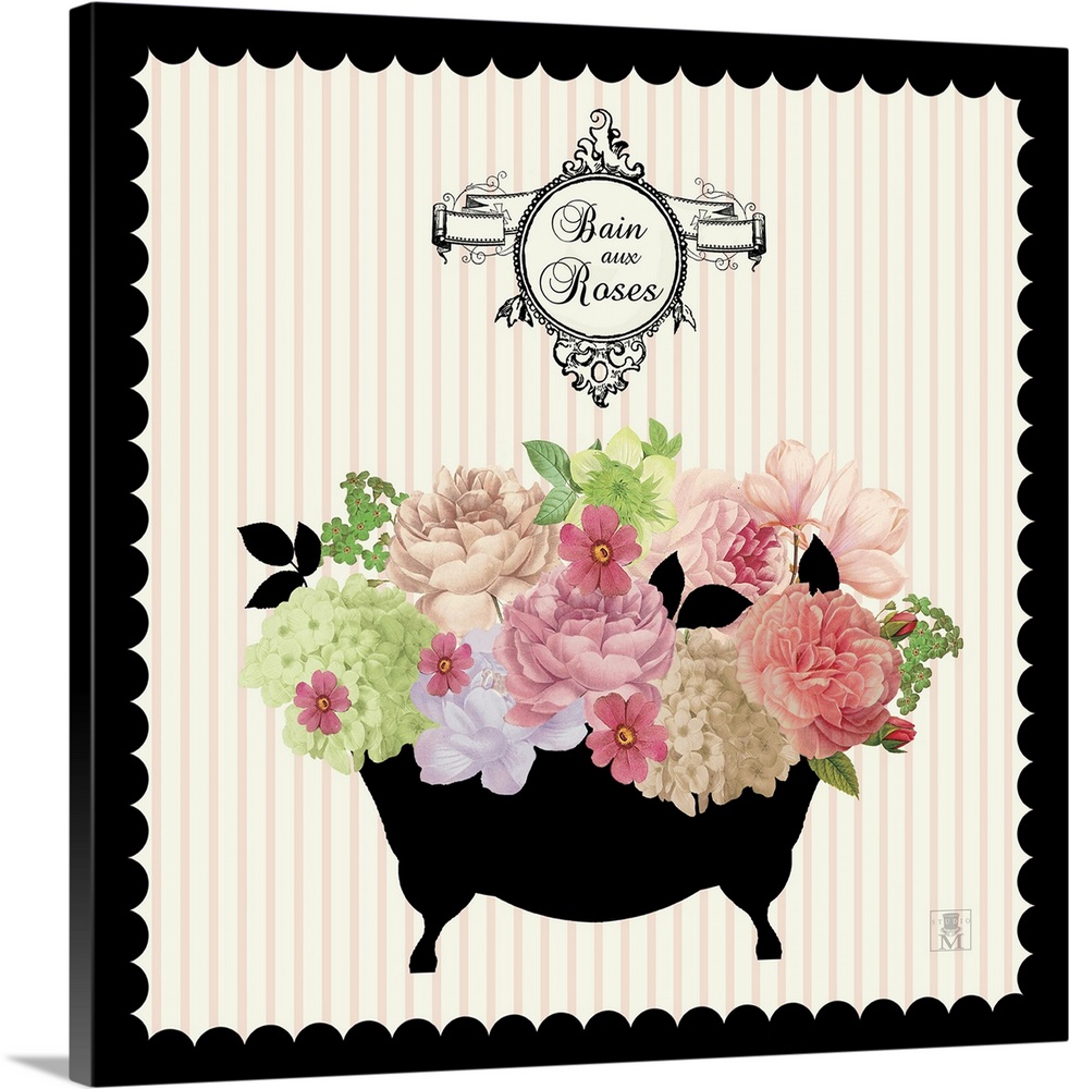 Artwork of an antique tub silhouette that is filled with flowers on a soft pastel  vertical striped background with the te...