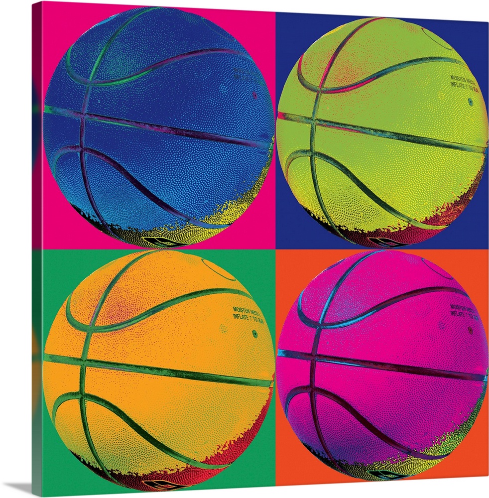 Pop-art image of four neon colored basketballs in a 2x2 grid layout.