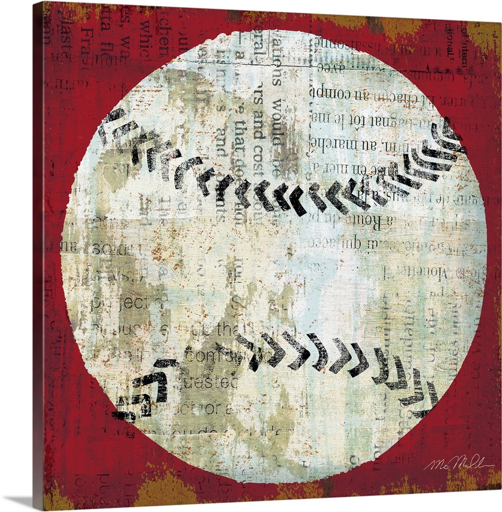 Square shaped and sports themed wall art; a simplified baseball painted on top of a collage of a text.