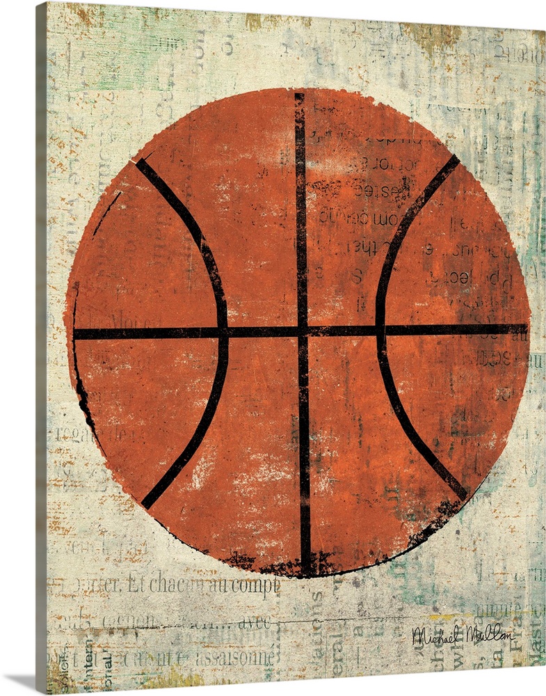 Contemporary artwork of a basketball against a weathered beige background.