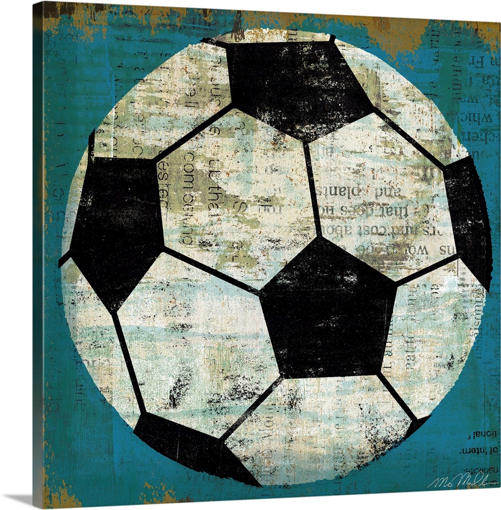 Large retro art depicts a soccer ball incorporating various lines of text within the blank spaces of it, as well as some o...