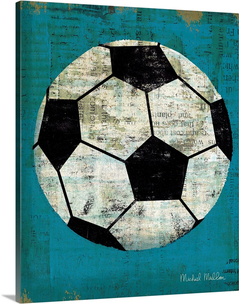 Contemporary artwork of a soccer ball against a weathered blue background.