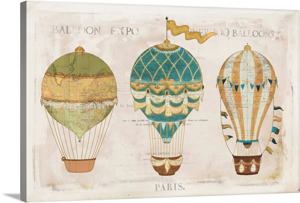 Illustration of colorful hot air balloons on a aged background with a faint map and writing.
