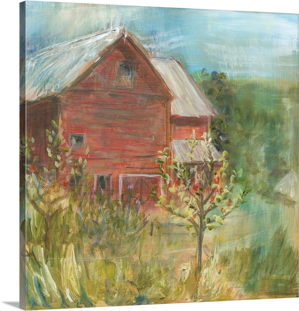Dacorative artwork of a rustic barn  surrounded by countryside overgrowth.
