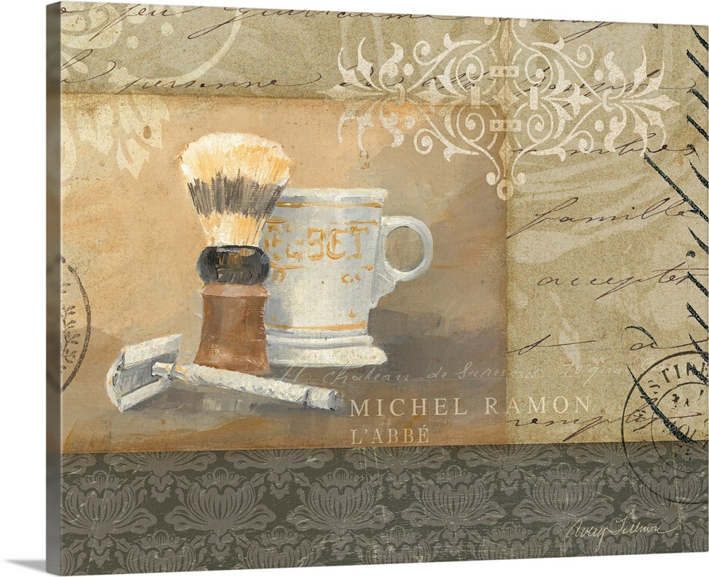 Painting on canvas of make up and bathing products with various patterns in the background.