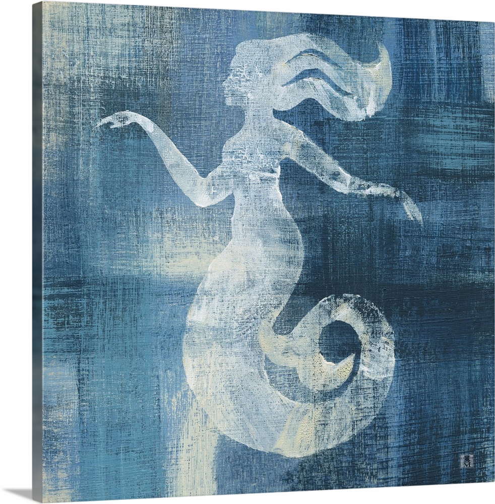 Square artwork of a white mermaid among a white and blue brushed finish.