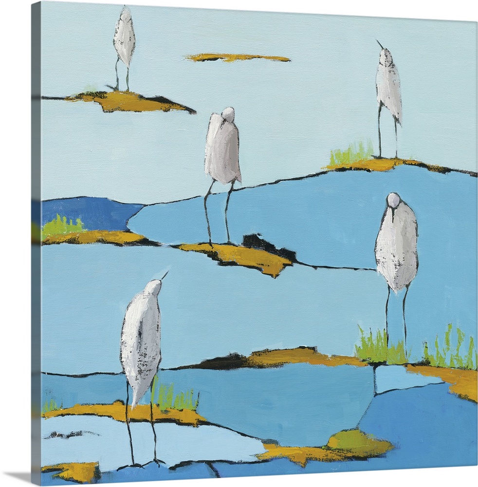 Square abstract painting of five white egrets relaxing on a blue and gold patterned marsh.