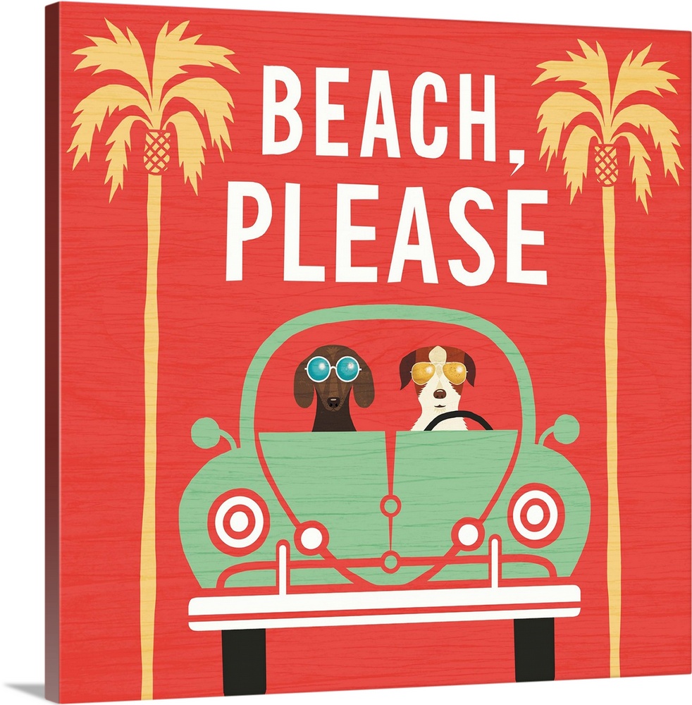 "Beach, Please" illustration of two dogs wearing sunglasses driving in a green car to the beach.