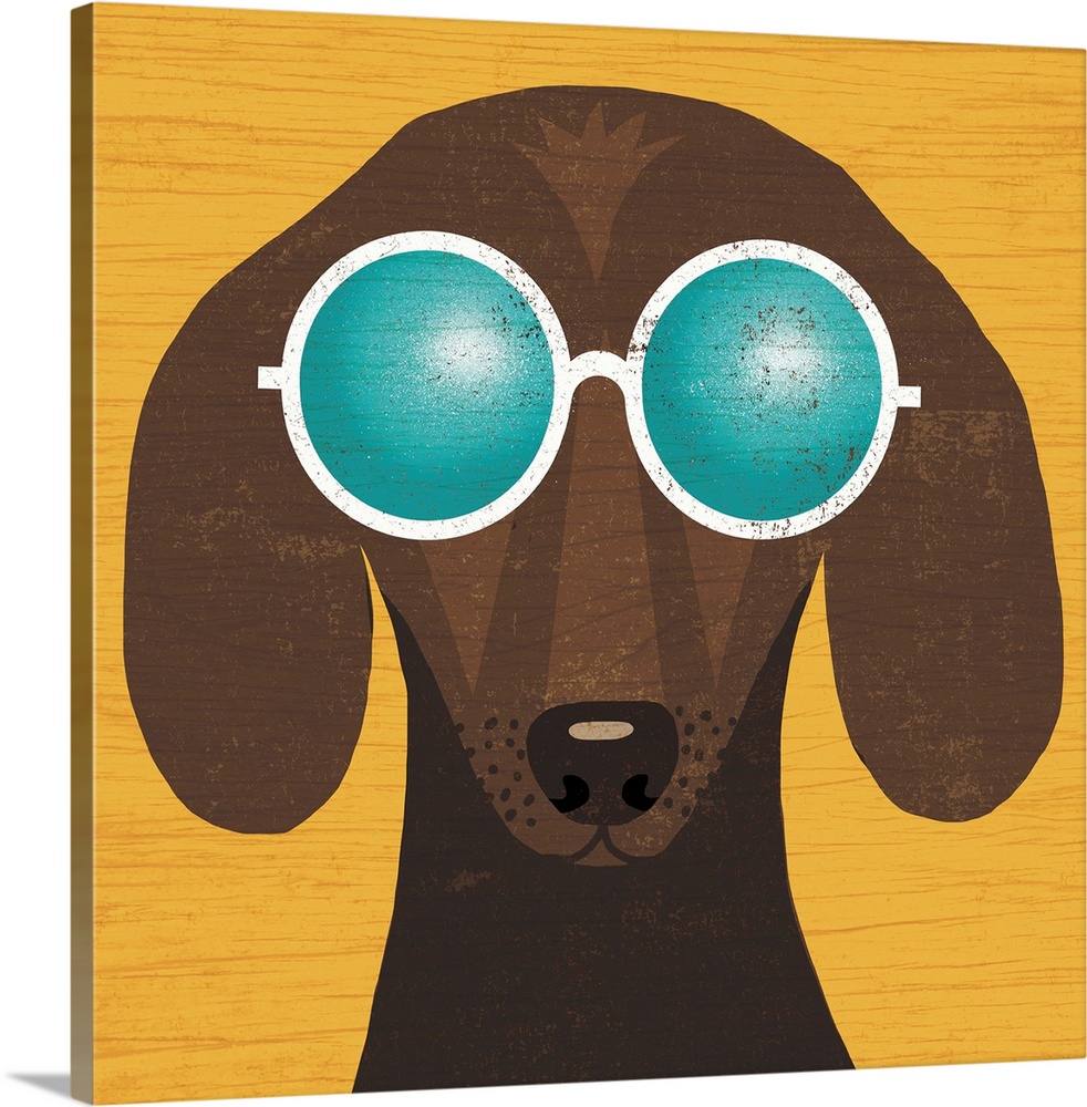 Illustration of a dachshund wearing circular sunglasses on a yellow wood grain background.