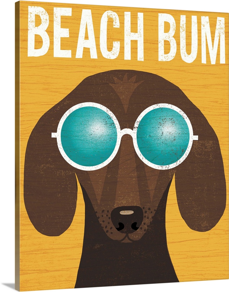 Illustration of a dachshund wearing circular sunglasses on a yellow wood grain background with "Beach Bum" written at the ...