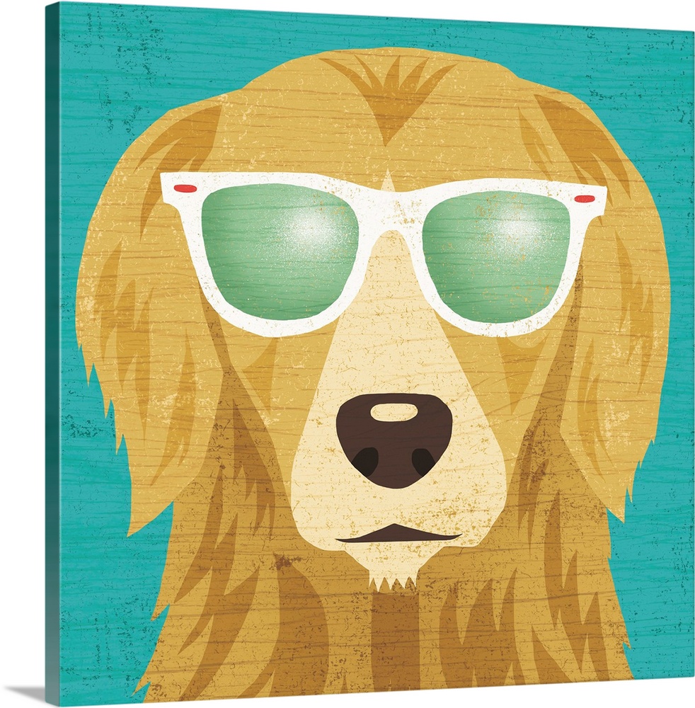 Illustration of a Golden Retriever wearing sunglasses on a blue wood grain background.