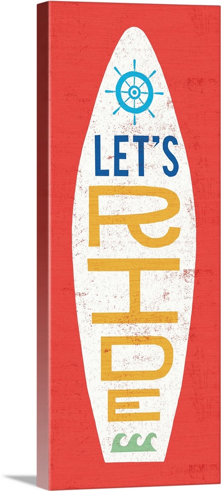"Let's Ride" surfboard decorated with waves and a helm on a red background.