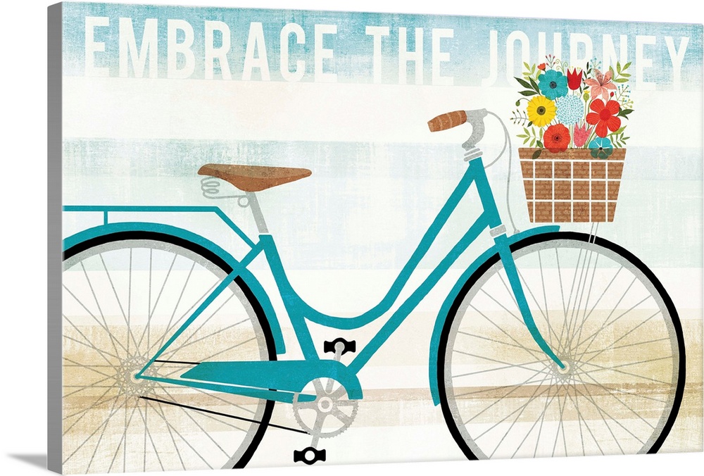 "Embrace the Journey" with an illustration of a blue bicycle with a basket of flowers on a blue, white, and tan background...