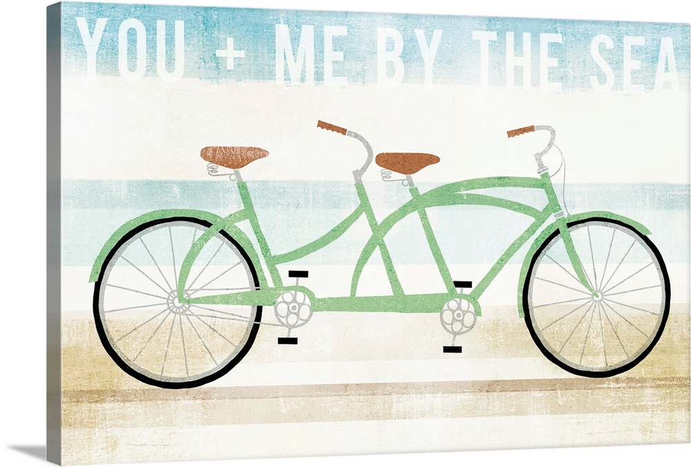 "You   Me By The Sea" with an illustration of a green tandem bicycle on a blue, white, and tan background created with hor...