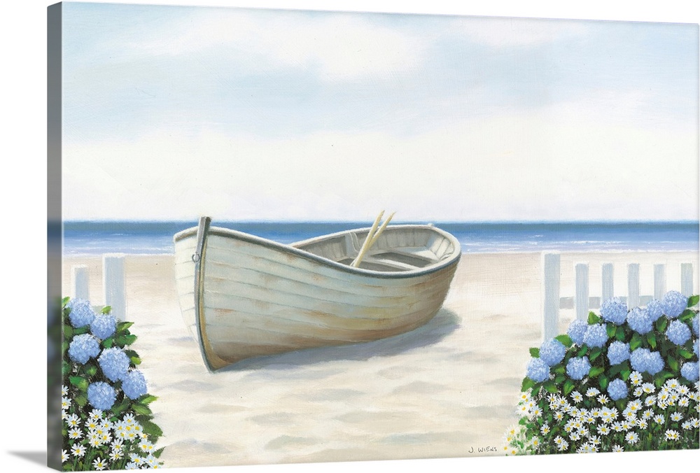 Contemporary painting of a white boat on the sandy shore of a beach with daisies and blue hydrangeas lining a white picket...