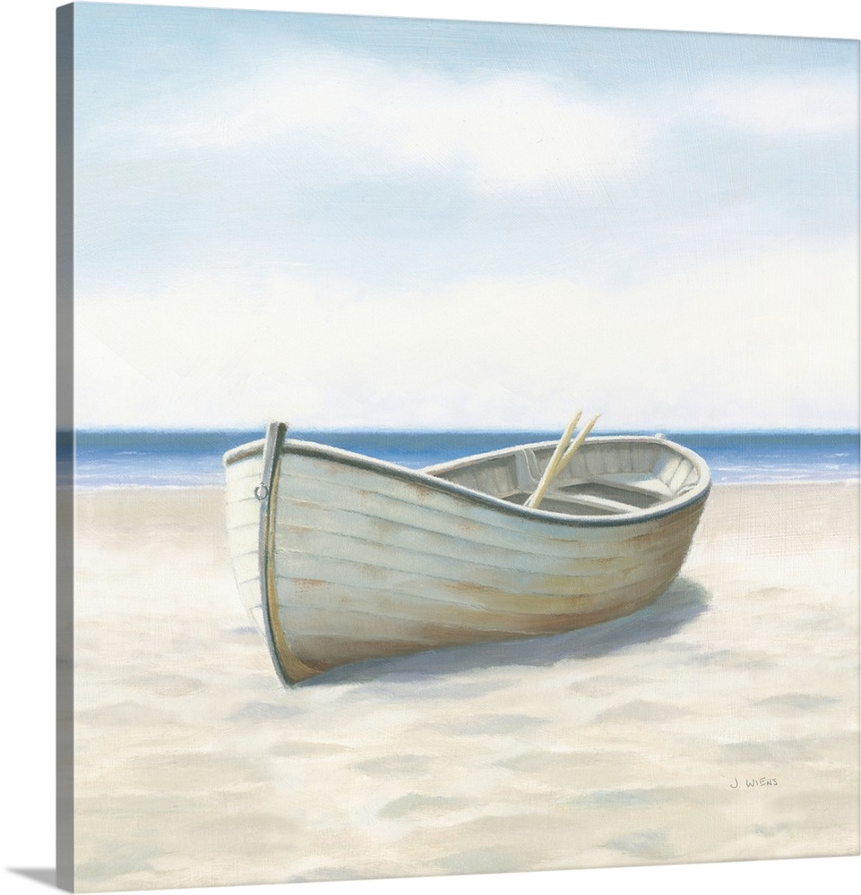 Contemporary painting of a white boat with oars inside, on the sandy beach with the ocean in the background.