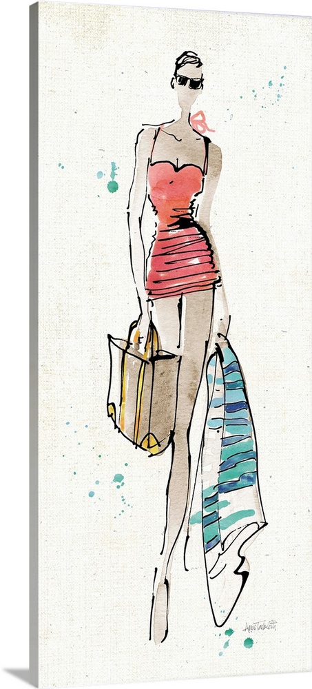 Contemporary fashion sketch of a woman wearing beach attire.