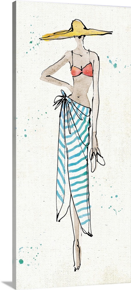 Fashion drawing of a woman in a swimsuit and towel.