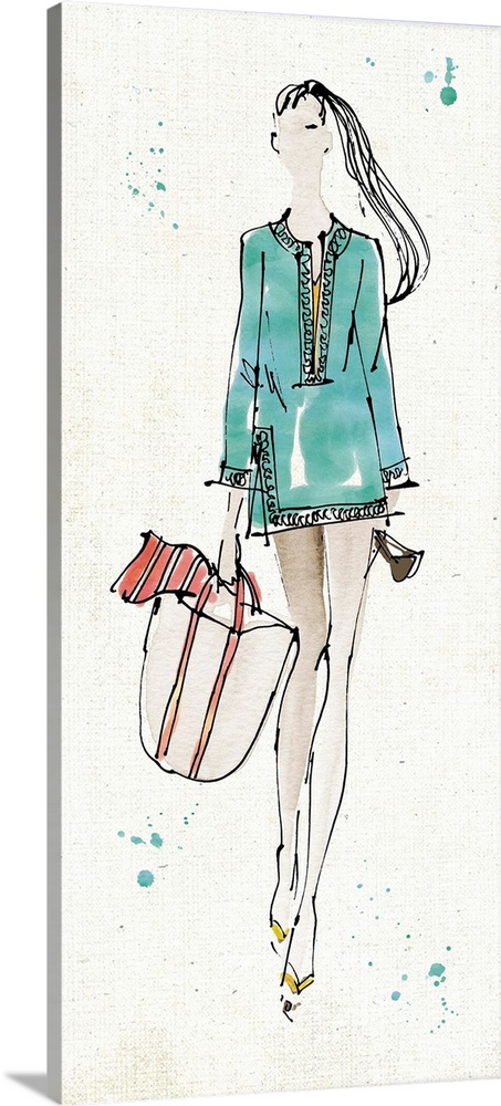 Fashion drawing of a woman with a ponytail and totebag.