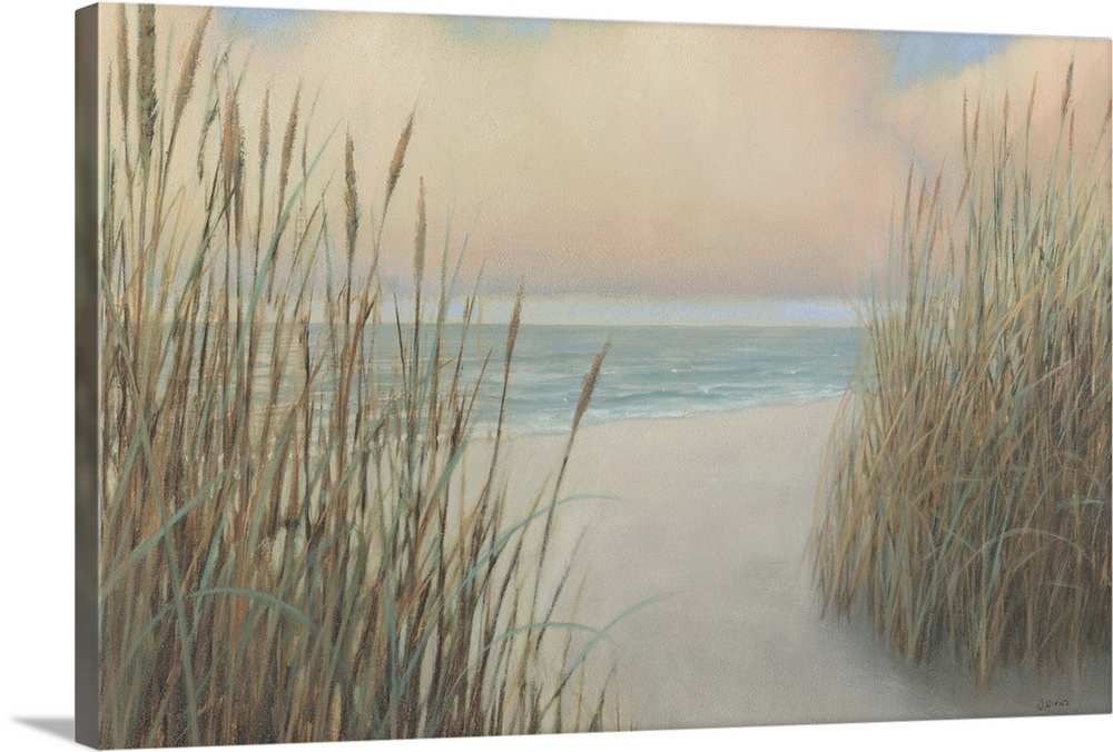 Contemporary painting of tall sand dune grass opening to view a calm seascape under pink puffy clouds.