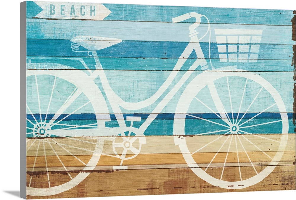 White silhouette of a bicycle and a sign pointing to the beach on a wood panel background.