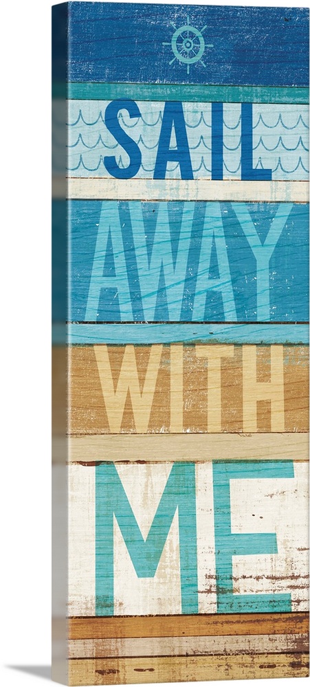 "Sail Away With Me" on a blue and tan wood paneled background.