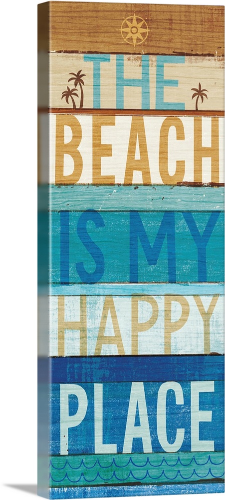 "The Beach Is My Happy Place" on a blue and tan wood paneled background.