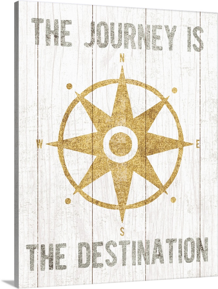 Metallic gold rose compass and the phrase "The Journey Is The Destination" on a white wood paneled background.