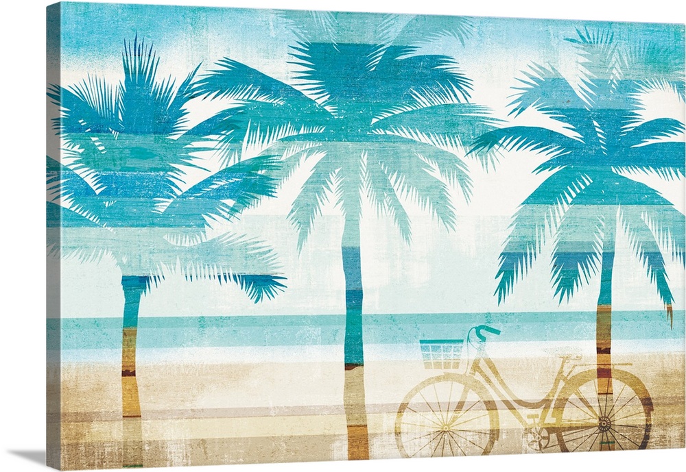 Three palm trees and a bicycle made with blue and tan gradients of color resembling the ocean and sand.