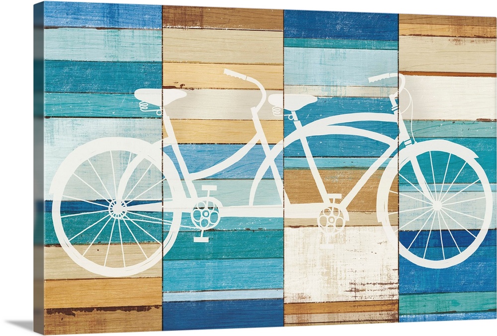 White silhouette of a tandem bicycle on a painted wood paneled background.