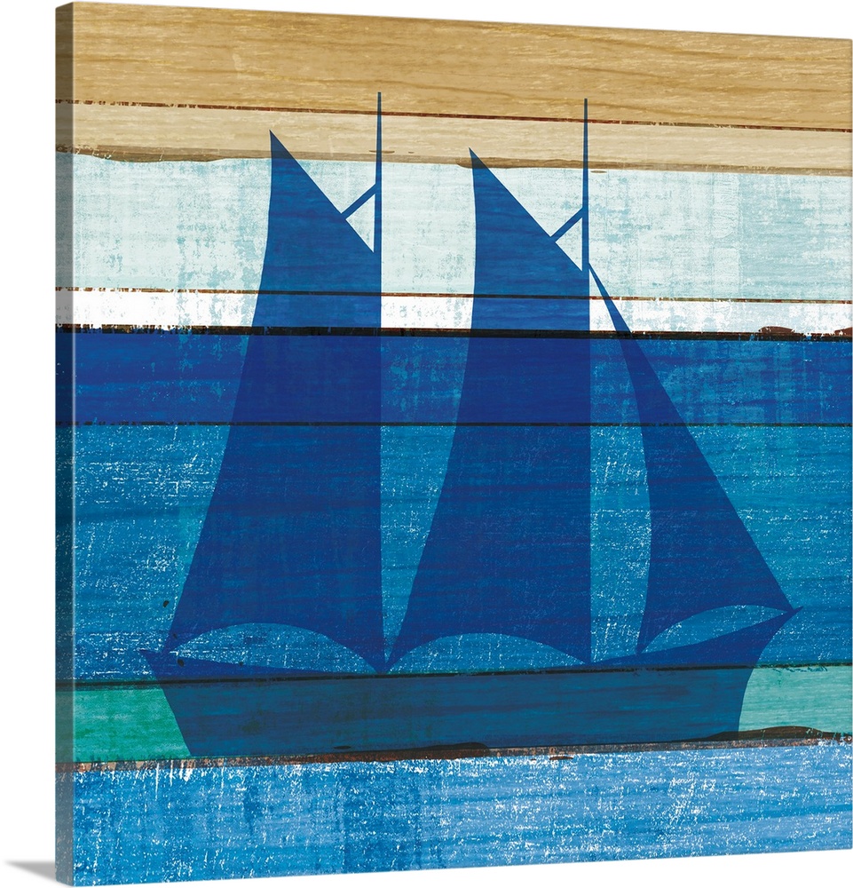 Blue sailboat on a blue and brown painted wood background.