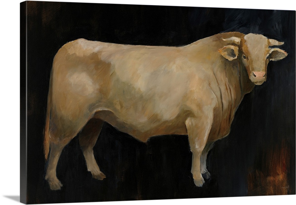Contemporary painting of a brown cow on a dark background.