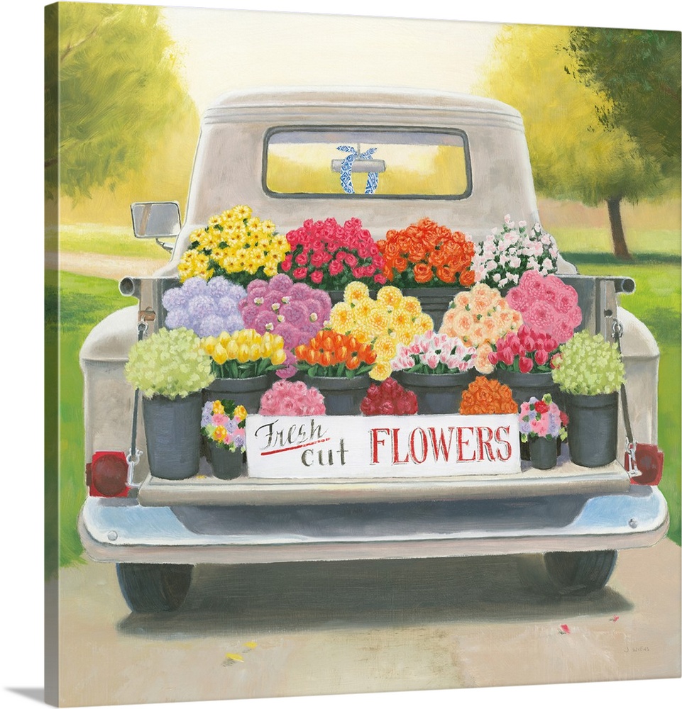 Square contemporary painting of a vintage truck bed full of fresh cut flowers for sale.