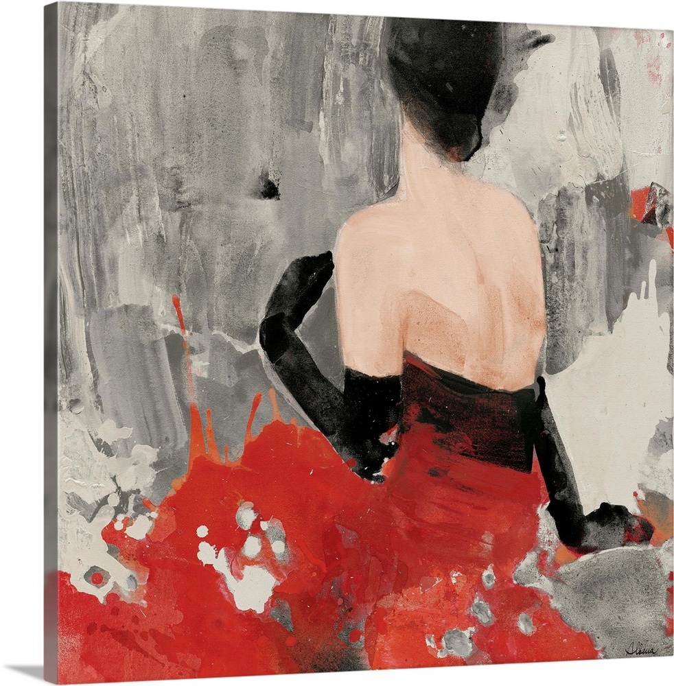 Contemporary painting of a dark haired woman wearing a black ball gown with splashes of red and black paint around her.
