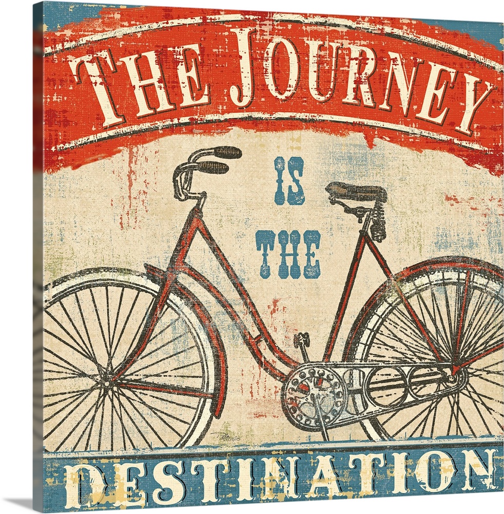 Large vintage canvas art shows an illustration of a bicycle against a bare background with the text "THE JOURNEY IS THE DE...