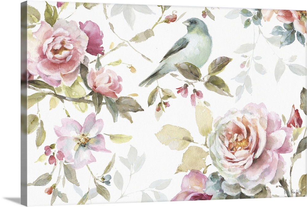 Watercolor painting of a blue bird surrounded by pink roses and flowers.