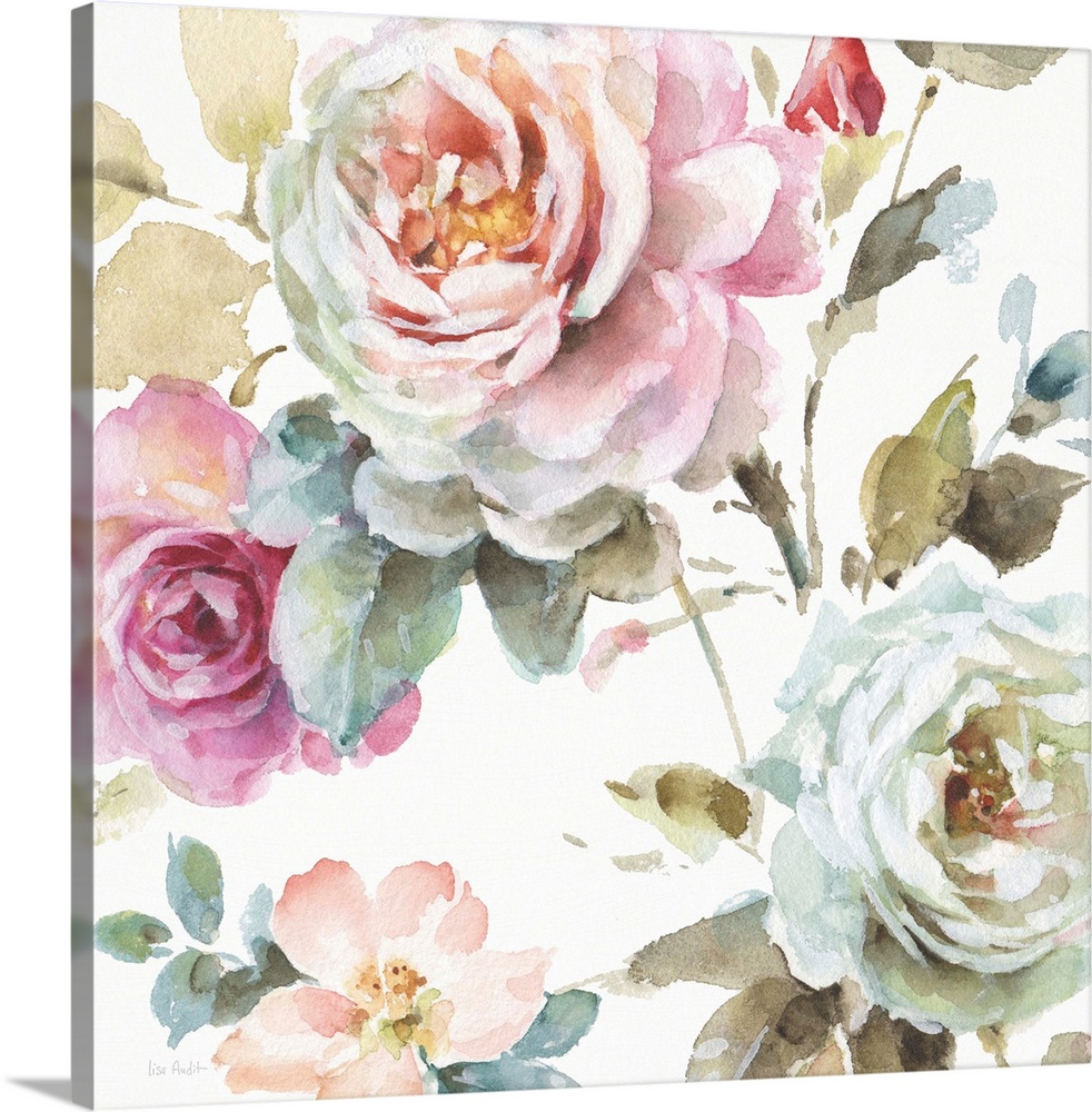 Square watercolor painting of pink and white roses.