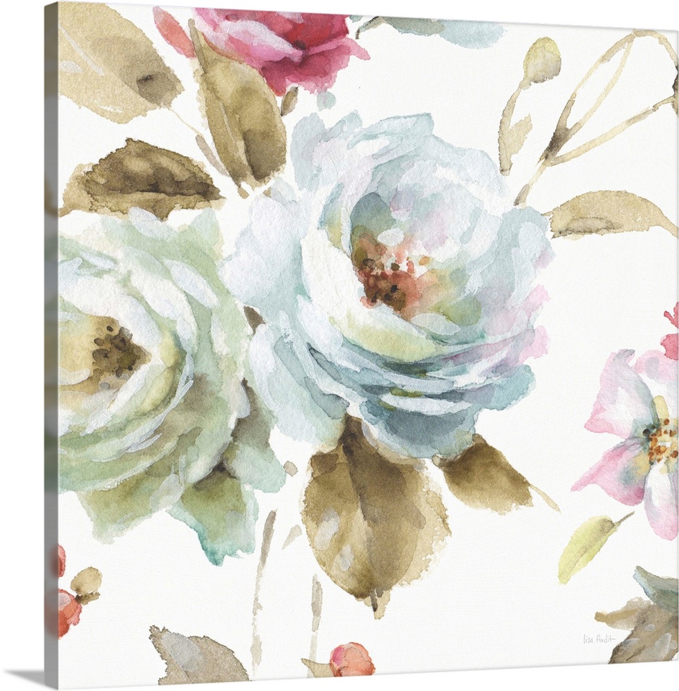 Square watercolor painting of pink and white roses.
